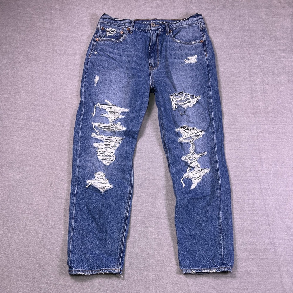 American Eagle Distressed Straight High Rise Jeans Womens 12R Blue Denim